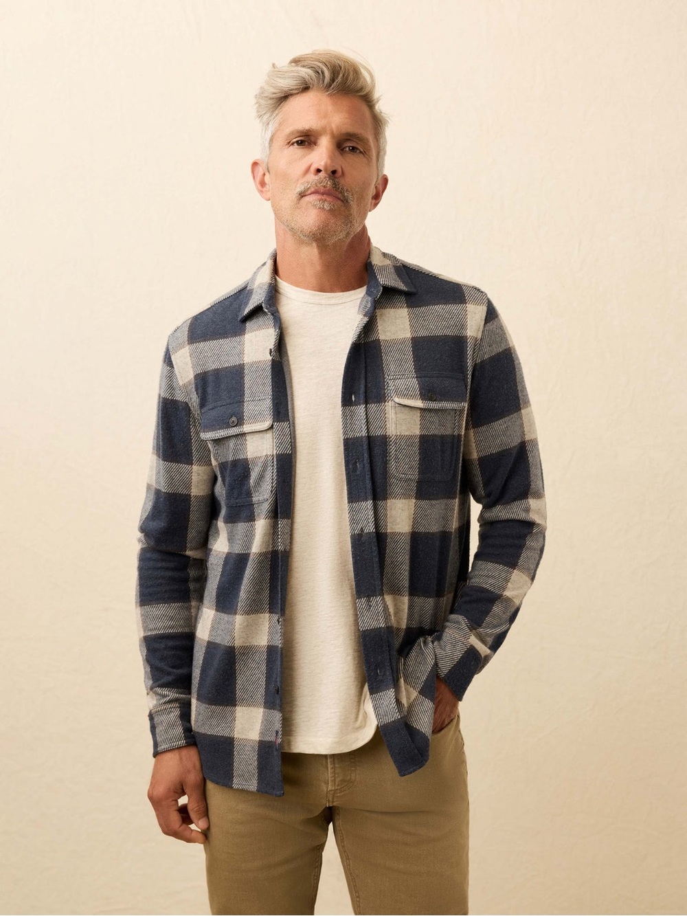 Faherty Men's Legend Sweater Shirt Navy Cloud Plaid Shacket size XXL